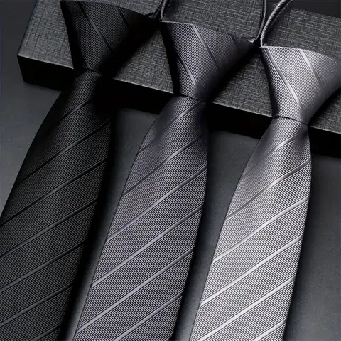 Men's 3-In-1 Box Set Neckties, 1200-Needle Solid Polyester Zipper Stripe Neckties, Elegant Blue-Toned Black+Dark Gray+Light Gray Black Grey Striped Ties, Men's Accessories, Business-Casual, All Seasons