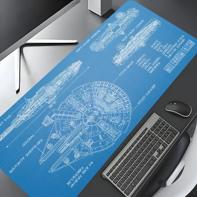 Spaceship Blueprint Design Large Gaming Mouse Pad,Aesthetic Desktop Protection Pad,Washable Rubber Pad Non-Slip Lock Edge Multi-Size For Home Office, Gift for Family and friends, Gaming Desk Accessory, Computer desk accessories