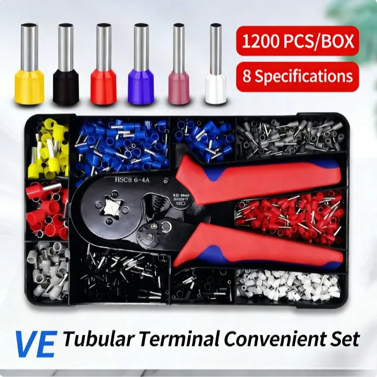 HSC8 6-4A Self-Adjusting Insulated Crimping Tool Kit Set with Ratchet Crimp Hold - 0.25-10mm Area, 1200pcs Wire Connectors, VE Tubular Terminals, Mixed Butt-Ring-Fork/Spade/Bullet Quick Disconnects, Durable Compact for Upfitters, Home Supplies