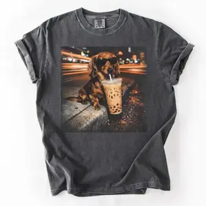 Comfort Colors Funny Dachshund Drinking Iced Coffee T-Shirt, Vintage Dogs Shirt, Wiener Dog Tee, Sausage Dog Unisex Tee, Dog Lover Shirt
