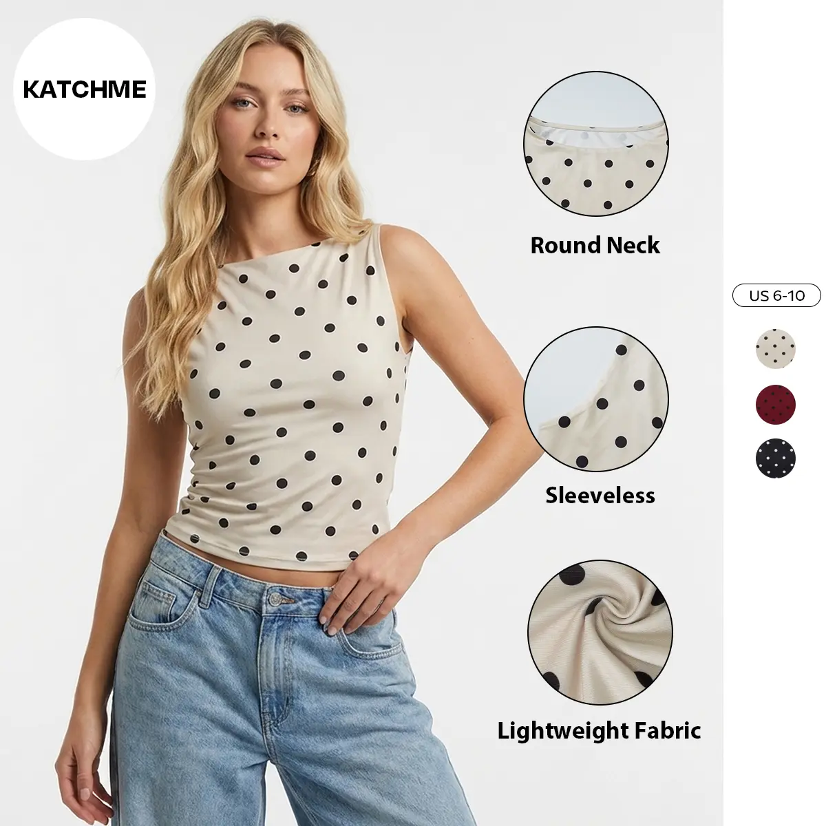 Katch Me Women's Vibrant Round Neck Polka Dot Sleeveless Flattering Top, Summer Versatile Tank Top for Daily Wear, Soft Going Out Outfit Streetwear