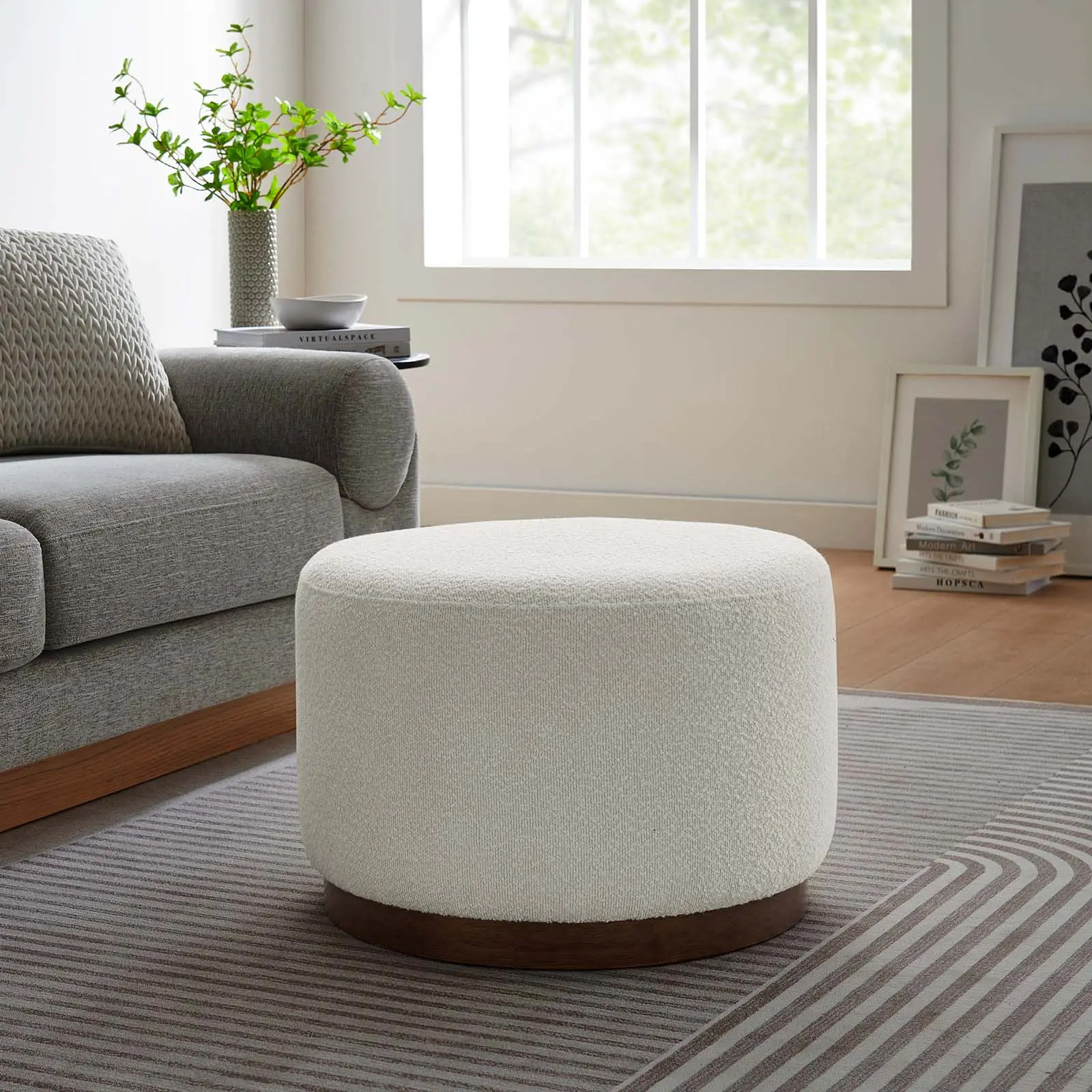 Modway Tilden Large 23" Round Boucle Fabric Footstool - Nubby Texture, Cloud Walnut Finish, 506 lbs Capacity, Fully Assembled Indoor Furniture Ottoman