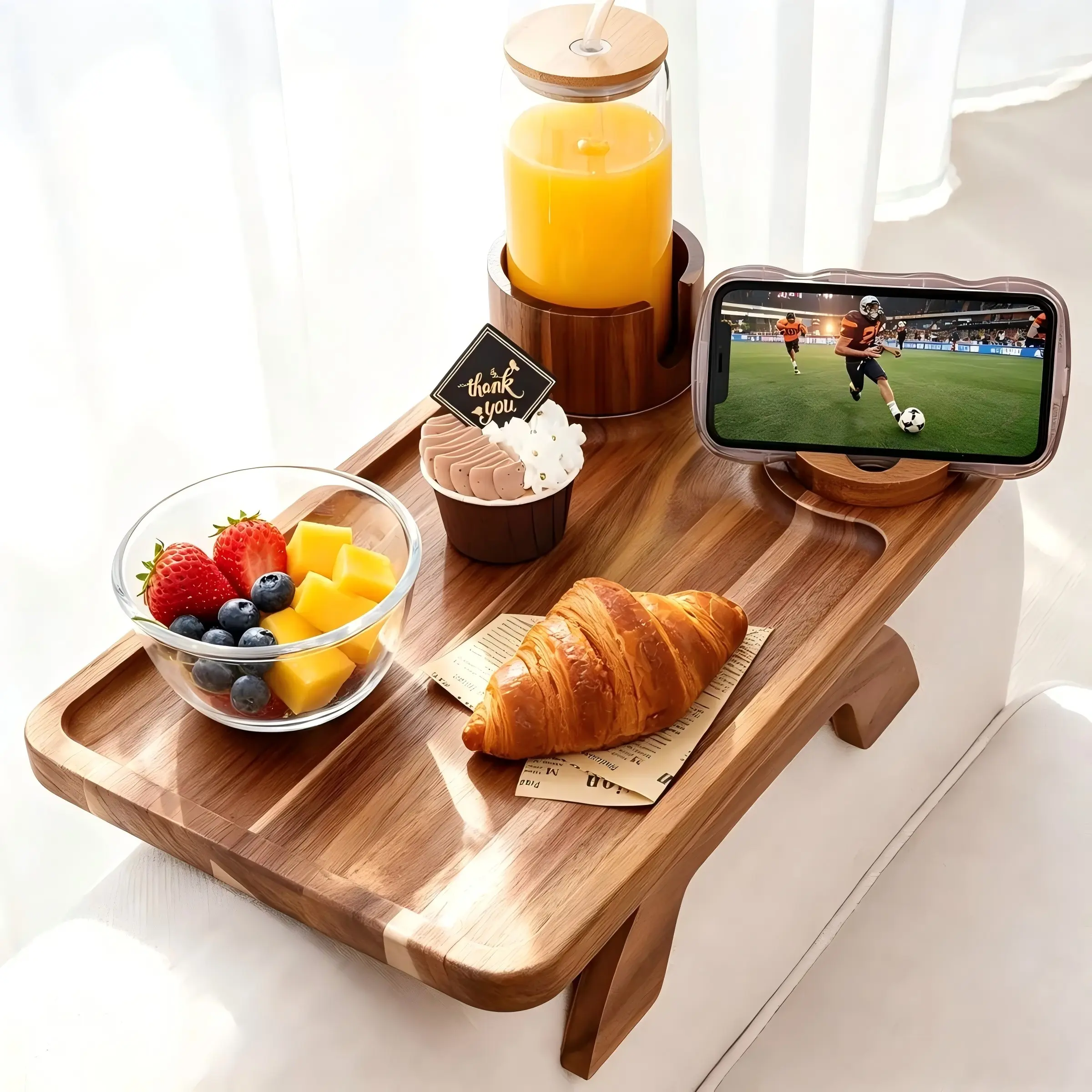 Sofa Arm Tray, Acacia Wood Couch Cup Holder | Portable Large Sofa Armrest Tray Anti-spill Beverage Snack Remote Holder