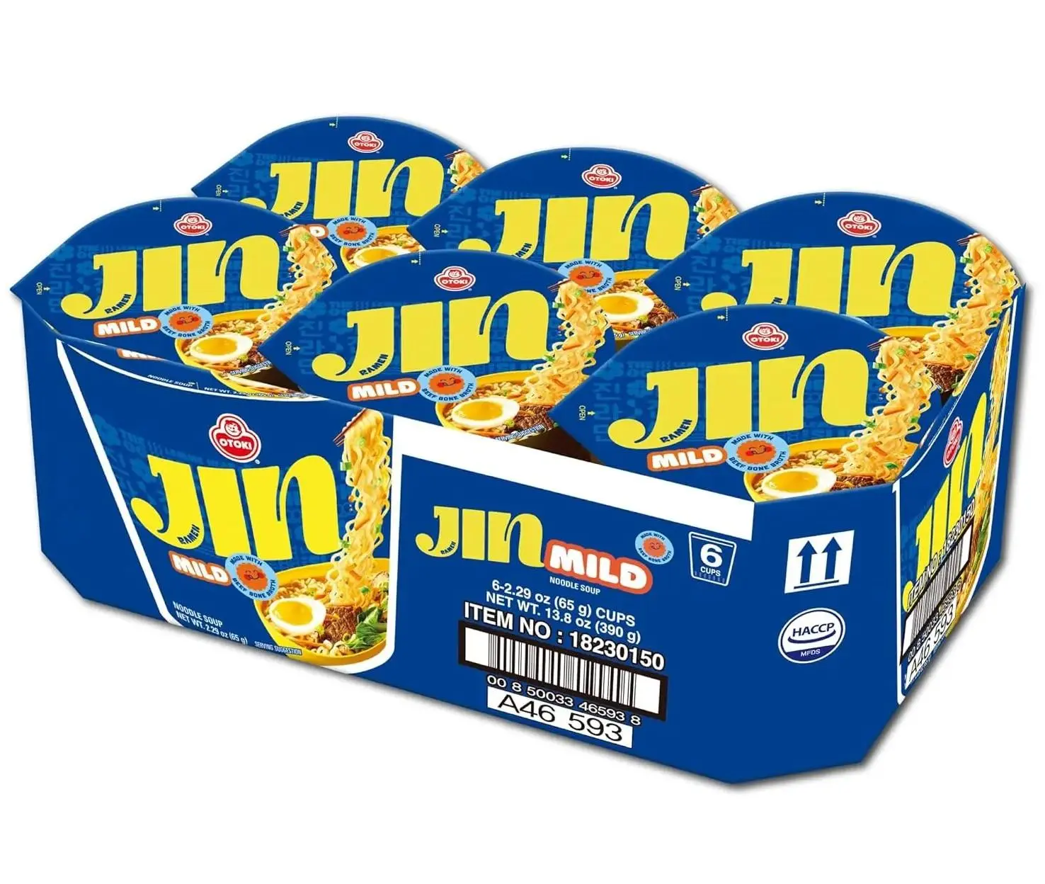 Ottogi Jin Ramen Mild Chewy Savory Cup Noodle Soup, 6-Count Korean Instant Food Pantry Item