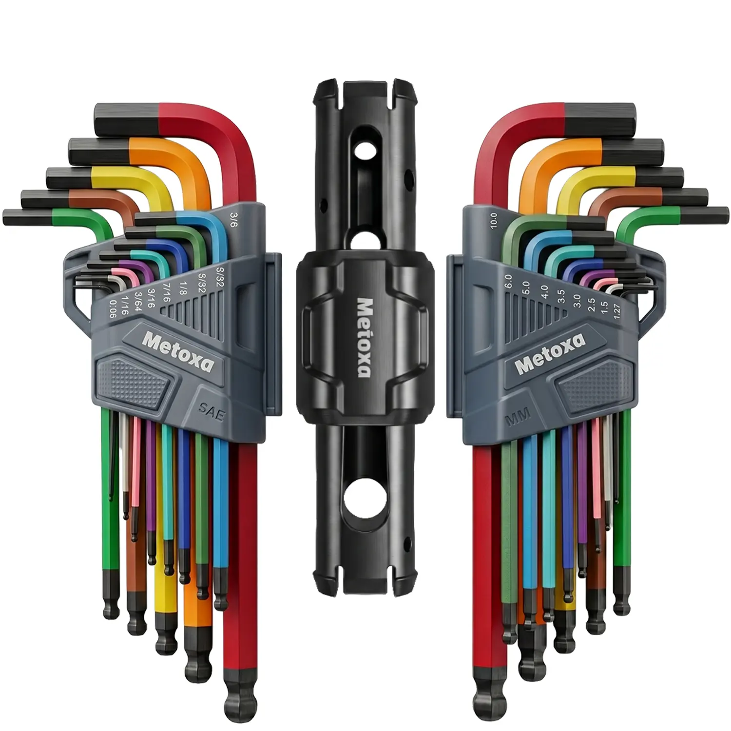 METOXA 27-Piece Color-Coded Ball End Hex Key Allen Wrench Set - Metric & SAE L-Shaped Tools Kit with T-Handle Speed Wrench for Bike & Home Repair