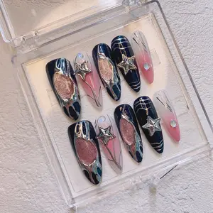 Y2k black and pink press on nails long almond nails/3D chrome nails/y2k nails/gyaru nails/gothic nails/free style nails/Black nails