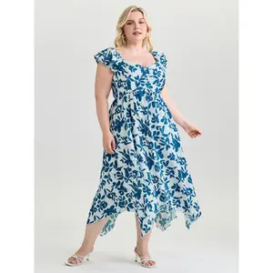 BLOOMCHIC Women's Plus Size Bohemian Floral Print Short-Sleeve Asymmetrical Hemline Maxi Dress [M-6X] - 2026 Summer Vibes, Smooth Polyester Garment, Casual Fit, Swimweek Spotlight Deals