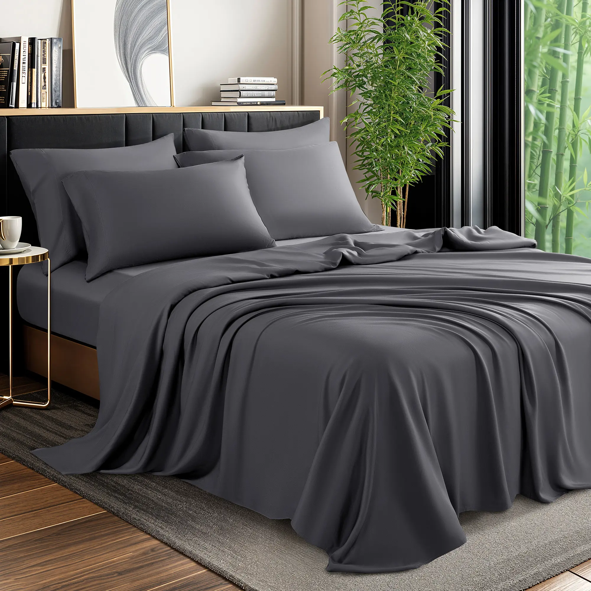 Shilucheng Bamboo Viscose Queen Size Dark Grey 4/6-Piece Bed Sheet Set, OEKO-TEX Certified All-Season Cooling Soft Fitted Sheets, 16" Deep Pocket, Anti-Mite Breathable Premium Ultrasoft Hotel-Quality Bedding, Bed Sheets,summerwins