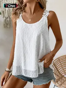 Women's Floral Applique Patchwork Round Neck Tank Top Cami Spaghetti Strap