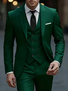 Men'S 3pcs Suit Set - Formal Business Menswear Attire with Slim Fit, Long Sleeve, Non-Stretch Fabric, Solid Color, Lapel Collar, Fake Buttons, Perfect for Work, Wedding, And Holiday Gifts, Wedding Attire | Slim Fit Suit | Nonstretch Fabric