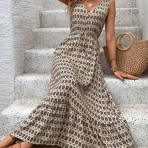 Women's Geometric Print  Deep V Neck   Dress, Casual Sleeveless Long Dress for Summer, Sleeveless Ruffle Dress, Ladies Clothes for Beach Holiday, Casual Dresses