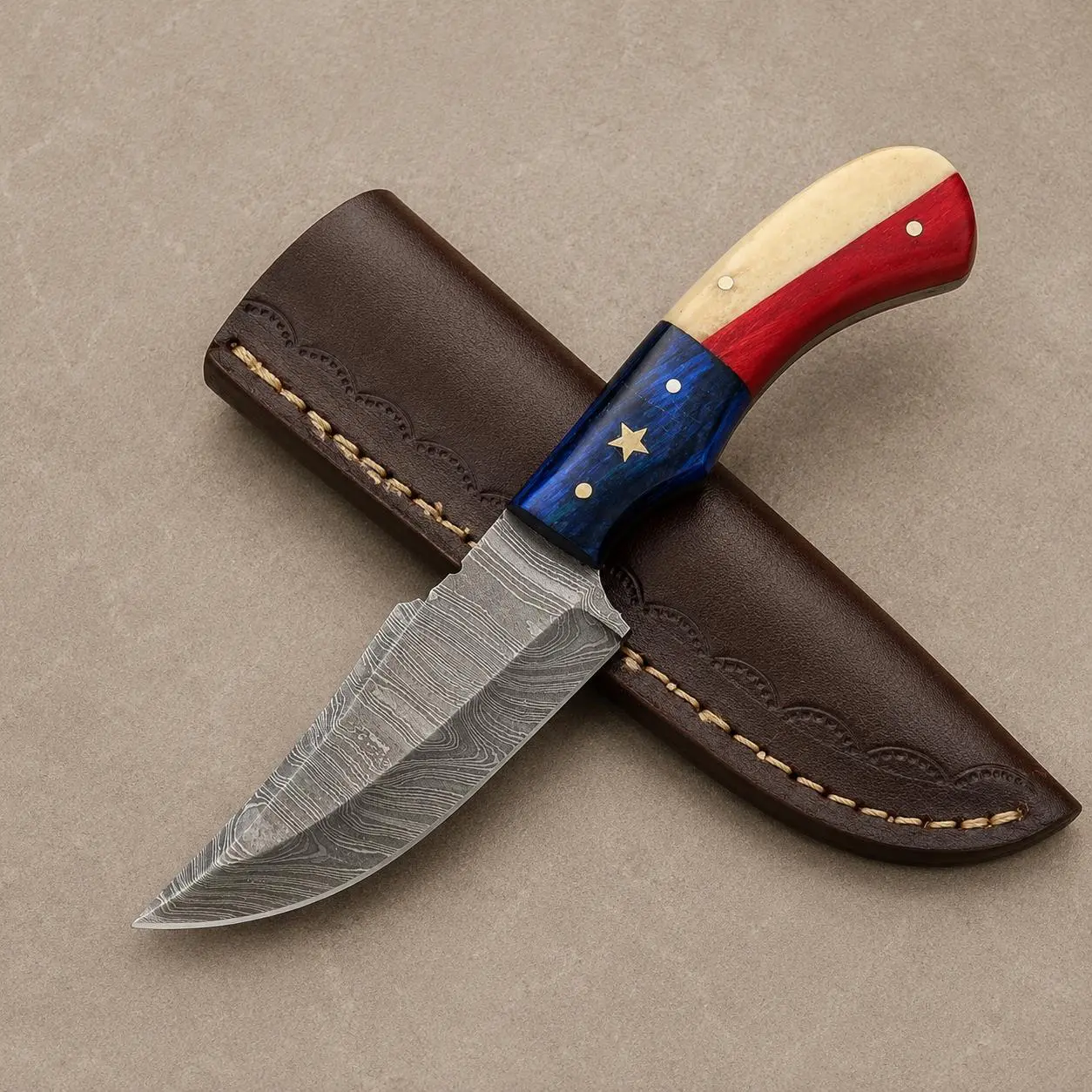 Canyon Heritage Damascus Steel Knife – 512 Layer Hand Forged Blade with Wood & Camel Bone Handle & Leather Sheath