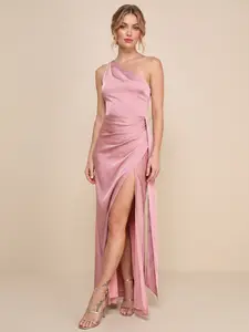 [NEW] Azazie One-Shoulder Pleated Satin Maxi Dress with Sash & Tulip Skirt