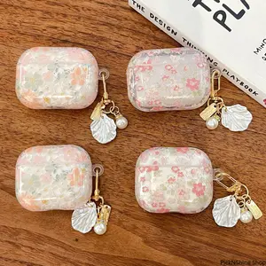 Soft Silicone Earphone Case With Cute Clear Pink Flower Pendant, Protective Cover Compatible With AirPods Series Models, Flexible Anti-Drop Shell For Wireless Charging And Daily Carrying