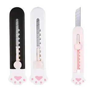 Cute Cat Paw Stationery Box Cutter Set - Set of 3 Retractable Cutters in Black, White & Pink for Home, School, and Office DIY Projects