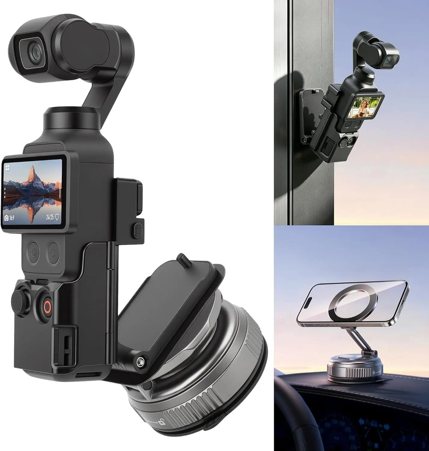 AMAZEAR Magnetic Mount and Suction Car Holder Combo for DJI OSMO Pocket 4/3 / Xtra Muse Accessories, Suction Stand Base Compatible with iPhone Mobile Phones with Super Strong Magnet Force, Black