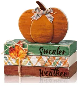 4 Pcs Fall Tiered Tray Decor Fall Wood Book Stack with Wooden Pumpkin Sign Autumn Thanksgiving Stacked Book Pumpkin Decor Bundle for Home Table Shelf Centerpiece Farmhouse Decorations