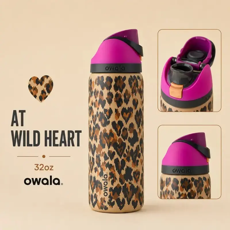 Owala FreeSip Leopard 32oz Wild At Heart Water Bottle – Leopard Print Insulated Stainless Steel Tumbler, Leakproof Travel Bottle with Built-In Straw, Reusable Sports Flask for Women