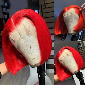GK Pre Plucked HD Transparent 13X4 Straight Red Blunt Cut Bob Wig Human Hair Lace Frontal Wig With Baby Hair Natural Hairline Glueless 100% Unprocessed Human Hair Red Bob Wigs Lace Front With Black Women