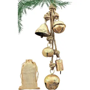 Set of 5 Rustic Harmony Metal Jingle Bells Cluster   Lucky Christmas Hanging Mix Decor Bells On Rope (Small)
