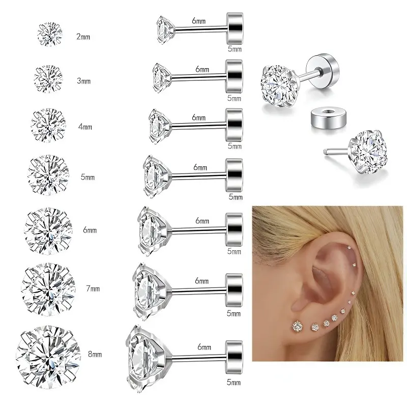 BELLA 7-Pair Flat-Back Stud Earring Set, Unisex Hypoallergenic Anti-Rust Steel Cubic Zirconia Pieces, 2-8mm for Sensitive Earlobes, Piercing Stack Jewelry, Stud Earrings, Earring Stack