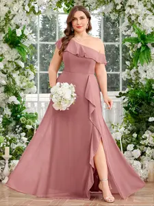Elegant Plus Size Women's One-Shoulder Ruffle Waist Cinched Asymmetrical Split Bridesmaid Dress, Recycled Fabric Party Gown