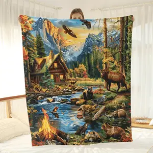 Rustic Cabin Wildlife Flannel Fleece Throw Blanket – Contemporary All-Season Polyester Woven Blanket with Nature Scenery, Mountains and Animals Print – Ideal for Sofa, Gift, and Nap – Various Sizes