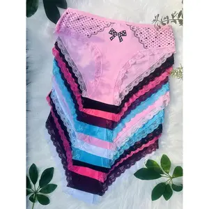 [12pcs Comfy Briefs Elegant Panties] 12pcs Contrast Lace Briefs Elegant Panties Plus Size Bow Heart