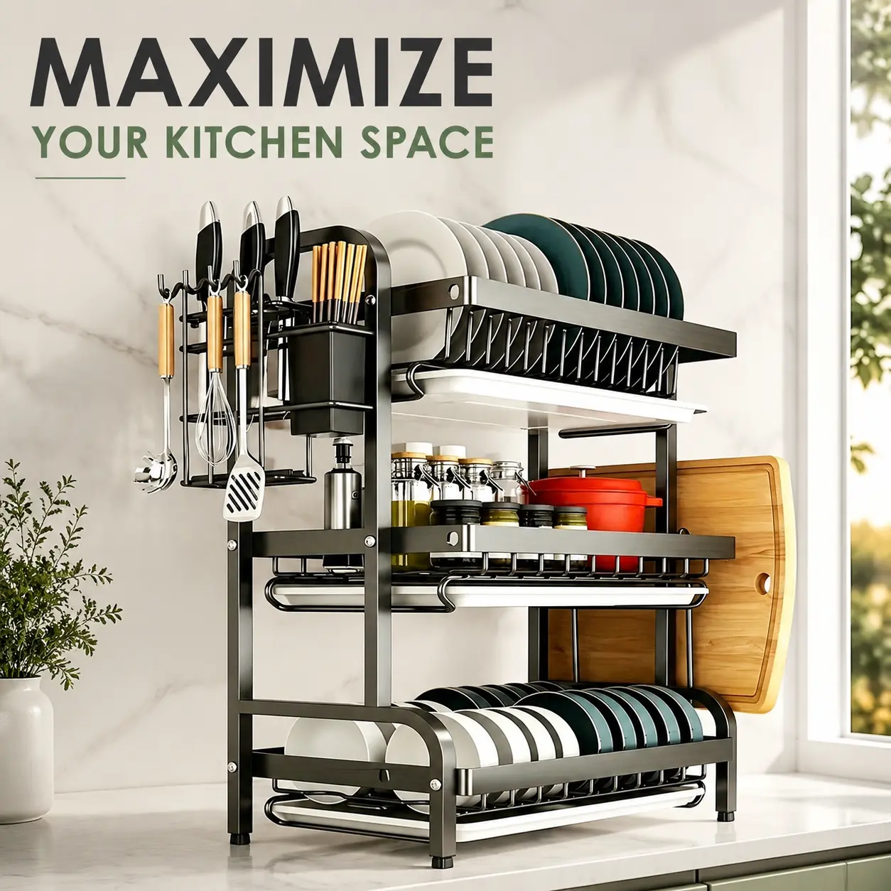 3-Tier Vertical Carbon Steel Dish Drying Rack with Drainboard, Adjustable Counter Top Kitchen Organizer for Plates, Bowls, Utensils, Cutting Board & Knife Slot, Easy Installation, Prevents Dripping, Large Capacity Storage Rack, Adjustable Storage Rack