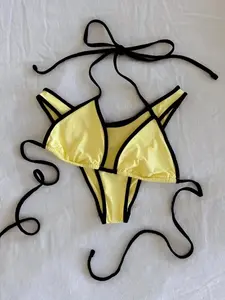 Two-Piece Set Women's Contrast Binding Bikini Set, Casual Halter Neck Triangle Swim Bra & Swim Panty, Ladies Summer Swimsuit for Beach Holiday Vacation, Halter Bikini Top, Swimwear Set