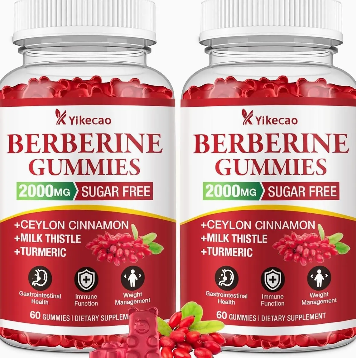 2 Pack Berberine Gummies with Ceylon Cinnamon, 2000mg Berberine HCL Supplement for Women & Men, Sugar Free, Vegan, Non-GMO, Gluten-Free, Raspberry Flavor-120 Count