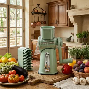 Rotating Food Grater Chopper with Handle, with 5 Well-Designed Blades and Strong Suction Cup Base, Comes with 1 Blade Storage Box Vegetable Cutting Slicer Vegetable Slicer Dicer Kitchen Utensils Vegetable Fruit Cutter