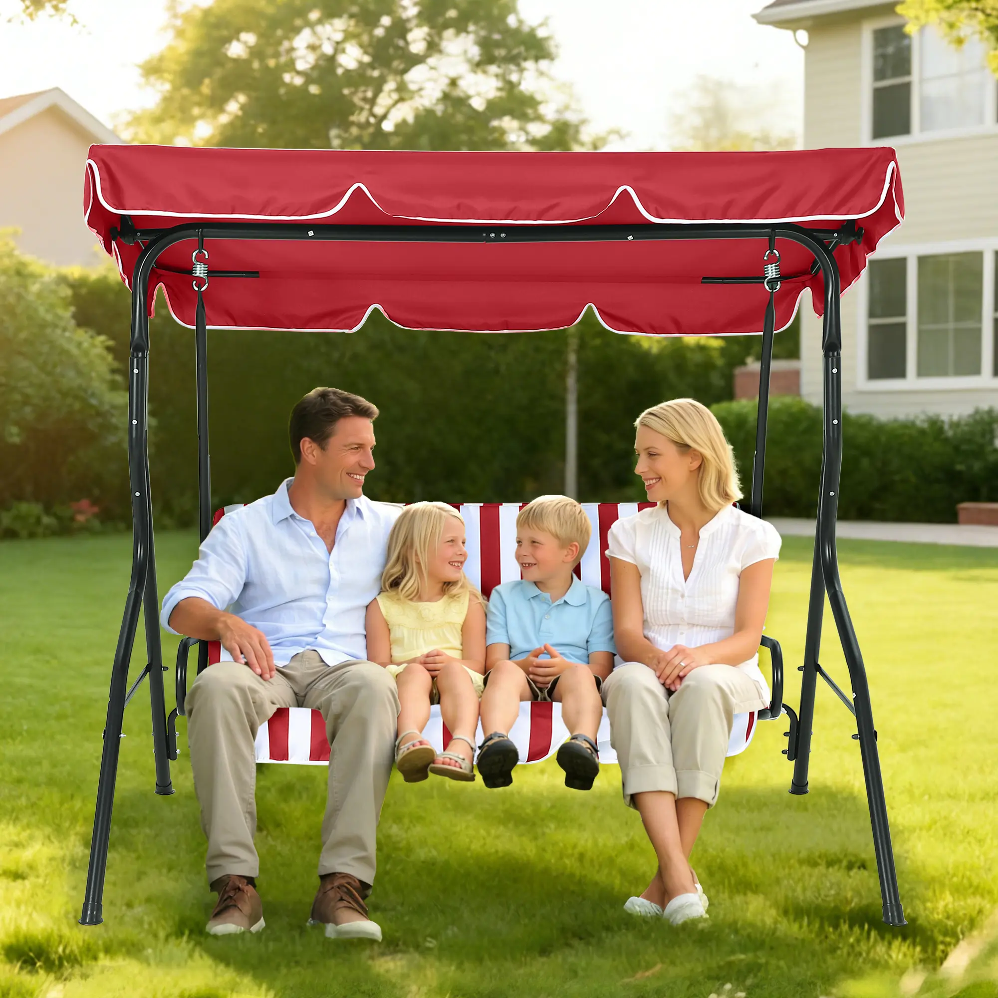 Garvee 3-Seat Outdoor Porch Swing Chair with Adjustable Canopy - Glider Bench for Adults, Thick Cushions, Weather-Resistant Fabric, Heavy-Duty Steel Frame (600 lb Capacity), Non-Slip Feet