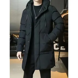 [Winter Hooded Coat] Warm and Casual Men's Winter Alternative Coat - Solid Color Hooded Long Sleeve Jacket with Drawstring, Regular Fit, Woven Polyester Fabric, 90 Lining Weight, 140 Fabric Weight