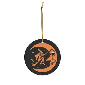 Vintage Halloween Witch And Moon Ceramic Ornament - Circle, Star, Heart and Oval Shapes