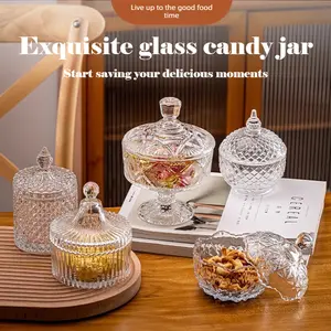 2Pcs Exquisite Sugar Jar with Lid, Vintage Clear Glass Storage Jar for Candy Cookies Nuts Sugar, Decorative Glass Canister for Kitchen Counter Coffee Bar Home Decor, Elegant Tabletop Storage Container