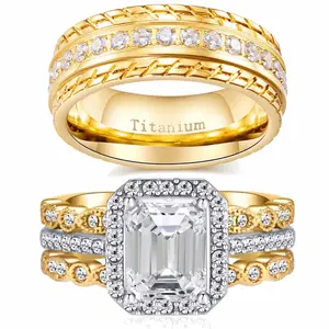 Couple Rings 4pcs Matching Rings 1.5ct AAA CZ Yellow Gold Plated Women Wedding Ring Sets For Him And Her