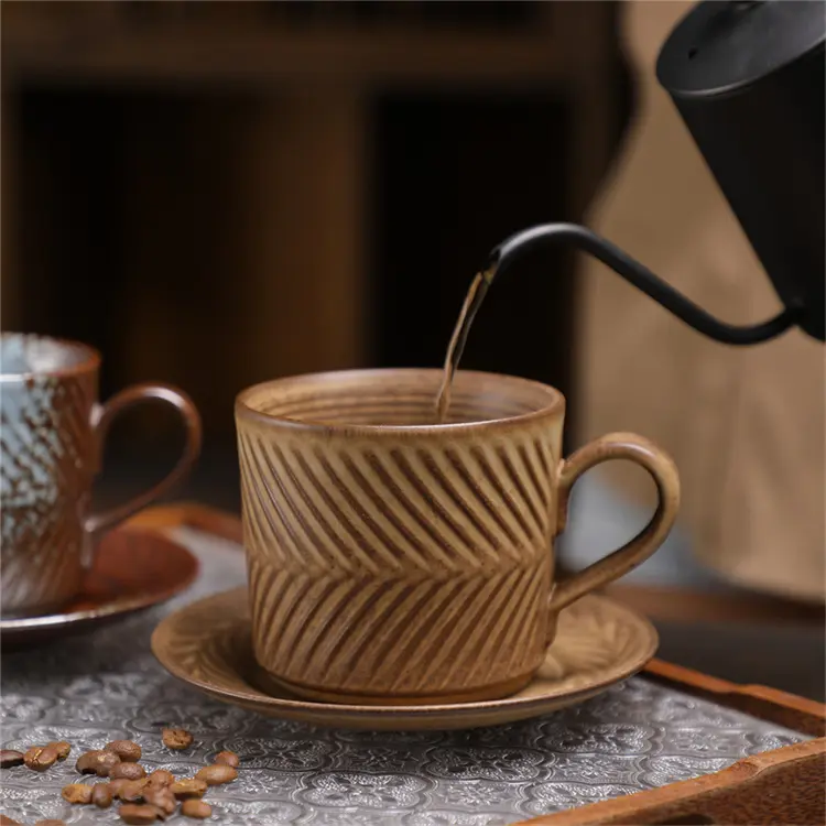 Mimosa Relief Ceramic Cup & Saucer Set – 300ml Rustic Stoneware Coffee Mug, Vintage Wheat Pattern Pottery Tea Cup, Perfect for Latte & Cappuccino