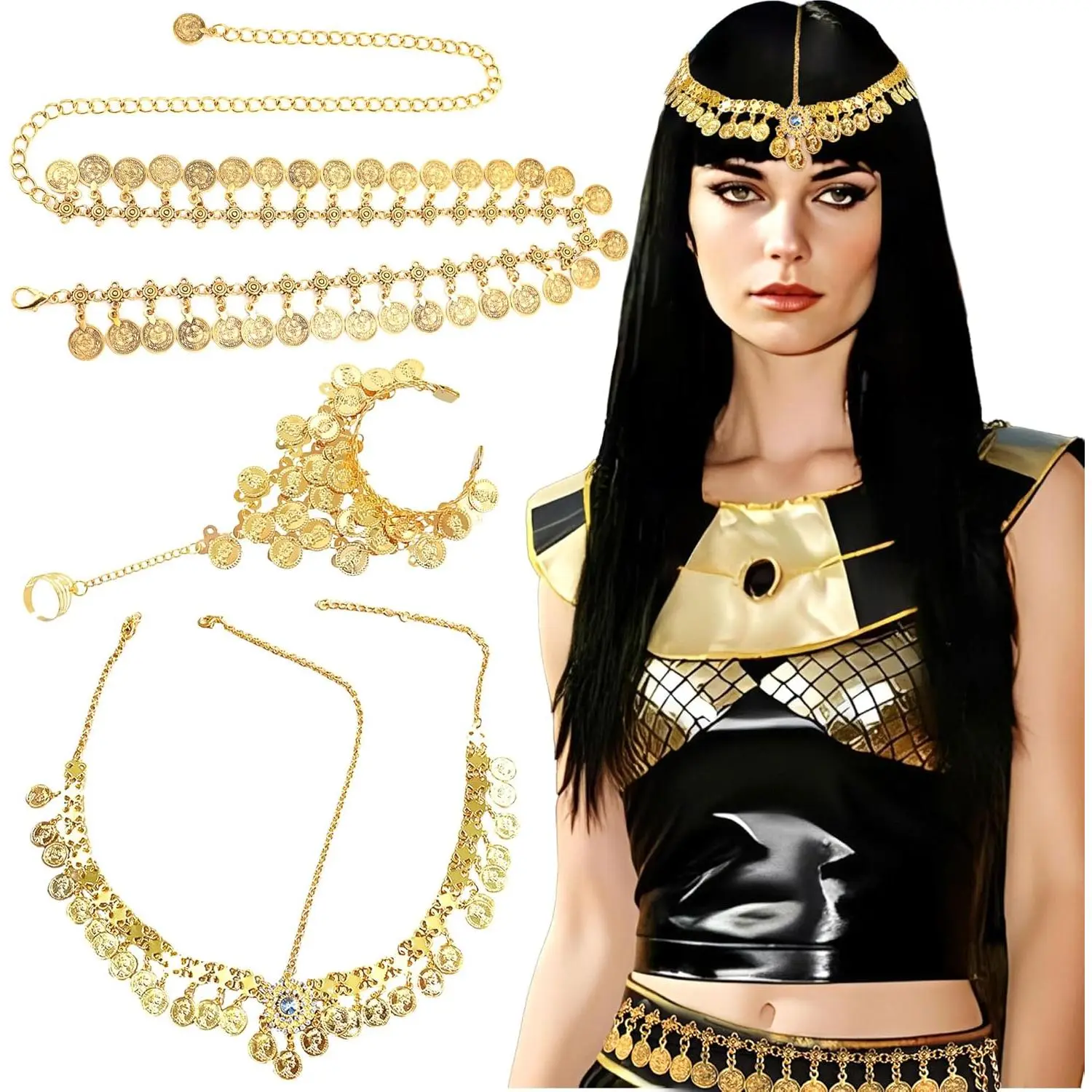 Egyptian Costume Accessories Golden Hair Clips Egyptian Headpiece Golden Necklace Halloween Costumes Cleopatra Party Decoration