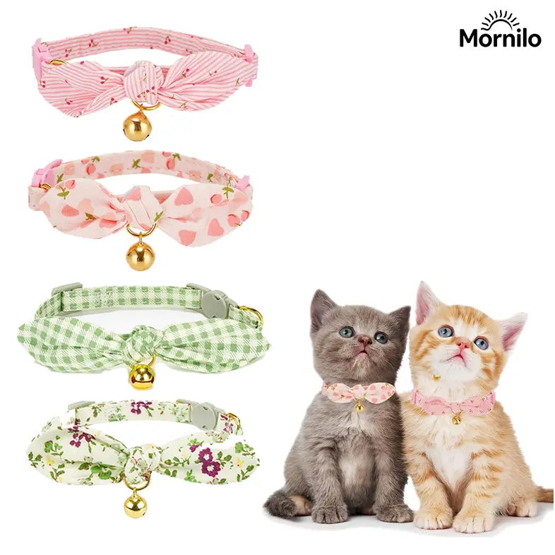 1PC/2PCS Soft Bow Cat Collar with Bell, Adjustable Detachable Kitten Collar, Plaid & Floral Breakaway Cat Collar for Small & Medium Cats, Cute Bow Tie Pet Collar, Lightweight Safety Collar, Aesthetic Cat Accessories, Indoor Cat Essentials, Kitten Supplies