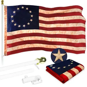 G128 Combo Pack: 6 Ft Tangle Free Aluminum Spinning Flagpole (White) & Betsy Ross Tea-Stained Flag 3x5 Ft, ToughWeave Pro Series Embroidered 420D Polyester | Pole with Flag Included