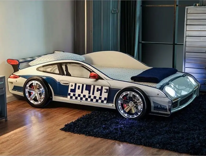 Hokku Designs CM7640 PoE Twin Size Classic Racing Theme Bed, Blue & White, Stylish LED Lights, Durable Wheels, Elegant Design Elements, Modern Aesthetics Indoor Furniture