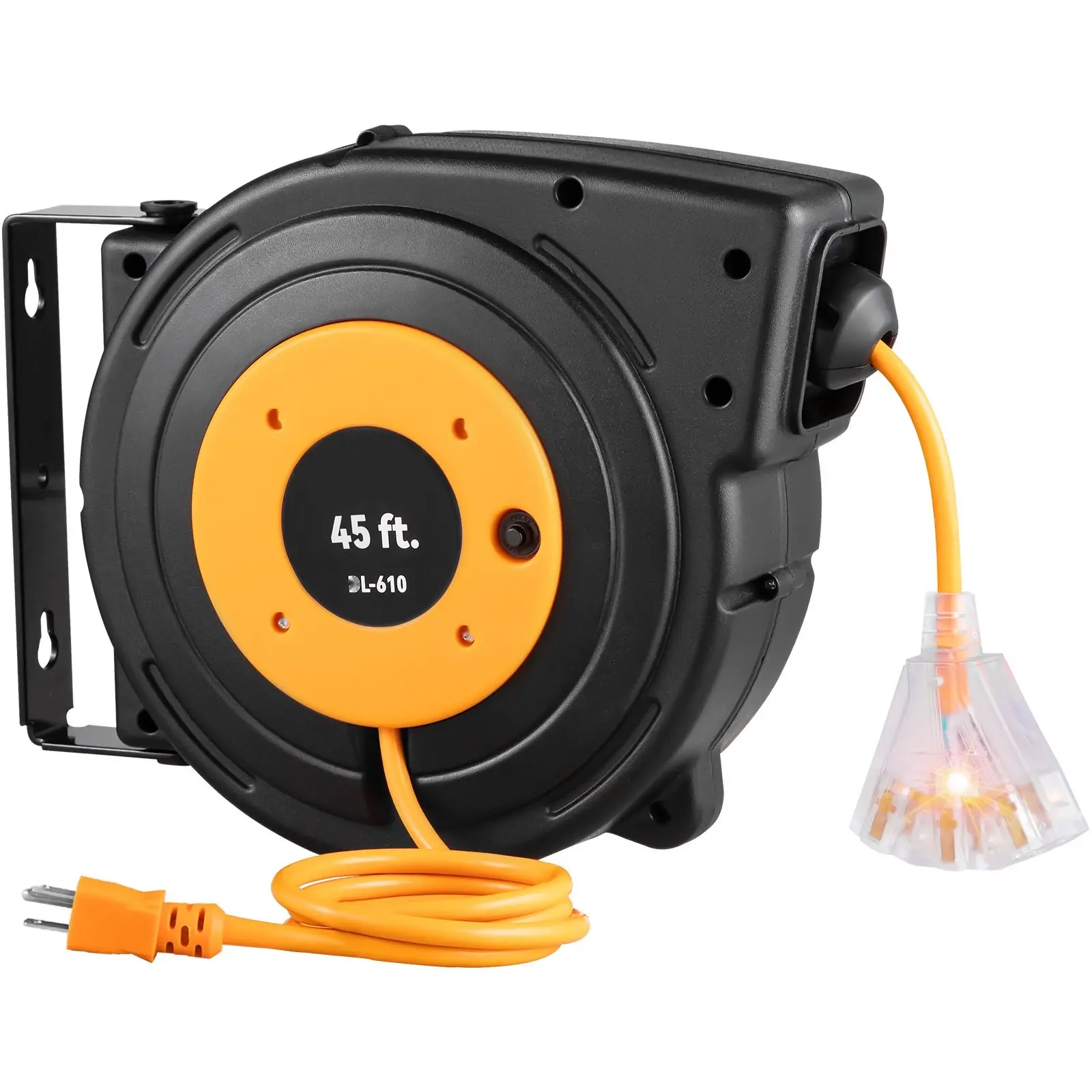 Retractable Extension Cord Reel With Heavy-Duty 12AWG/3C SJTOW Power Cord, 45-Foot Length, Black, Industrial Grade Cable Organizer, Durable Auto-Rewind Reel For Workshops, Construction Sites, Garages, And Home Use