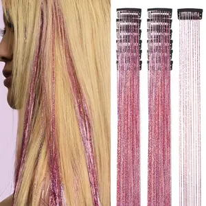 Hair Tinsel 12 count Clip in Hair Tinsel Kit for Girls 20.5 Inch Glitter Shiny Sparkly Fairy Tinsel Hair Extensions Heat Resistant Party Festival Accessories for Women  ()