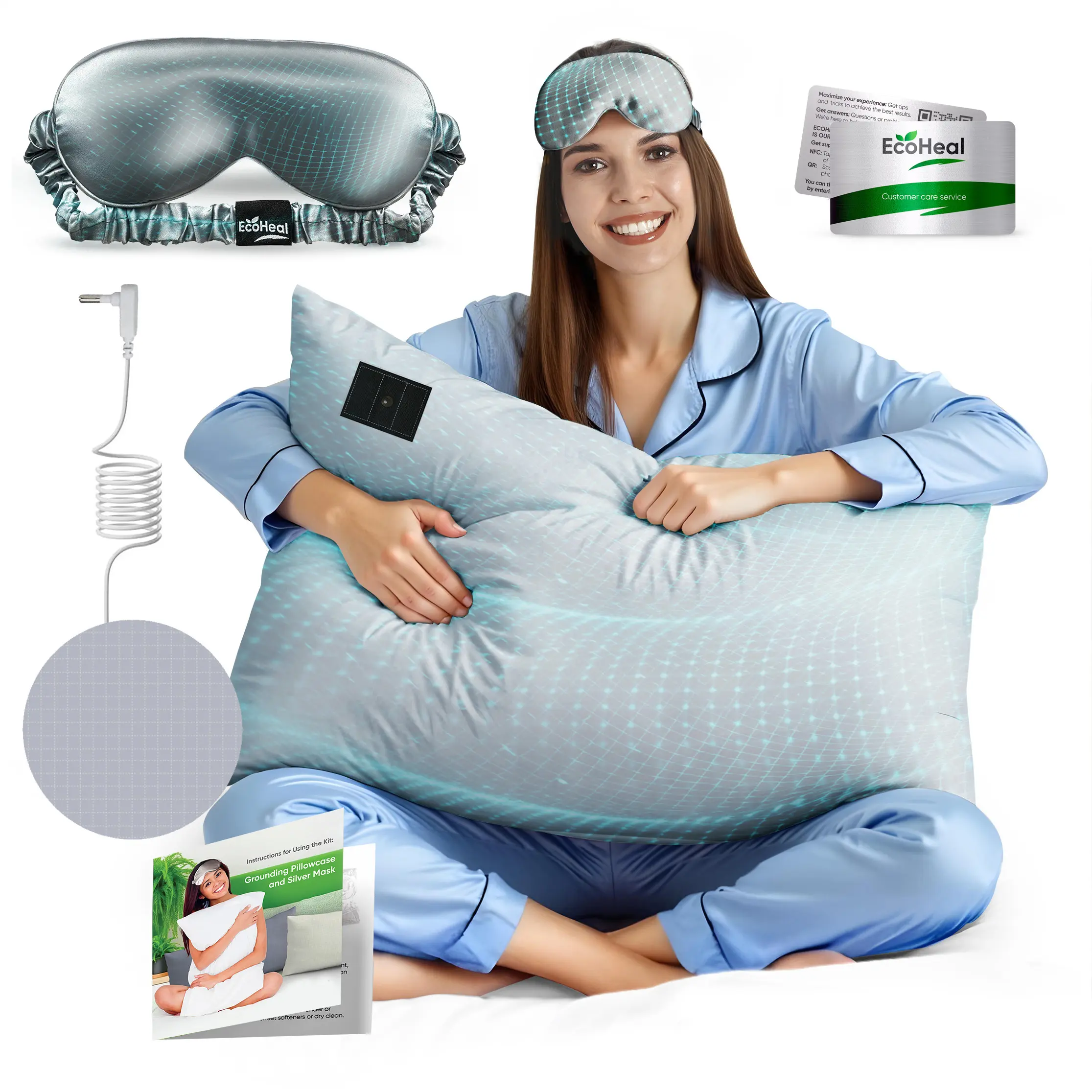 EcoHeal Earthing Grounding Pillowcase & Sleep Mask Set Silver 100% Conductive 12% Silver Fiber 4% Silk 84% Organic Cotton for King & Queen Size Beds Breathable Sheets, Grounding Bed Sheets