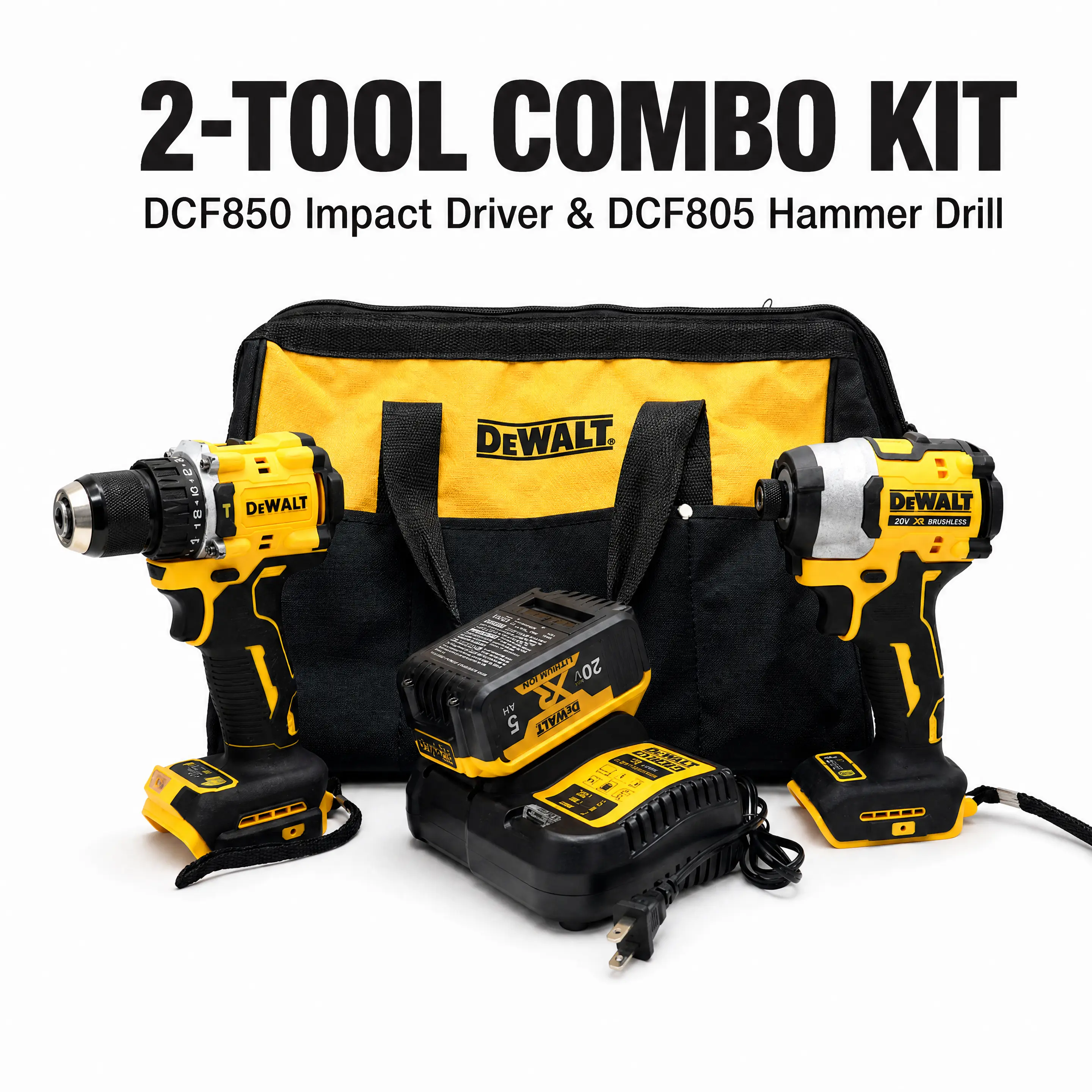 DEWALT DCF850 & DCF805 Combo Kit - Impact Driver, Drill Set with Tool Bag for Professional Contractors, Construction Work square drive industrial outdoor survival diy home improvement rapid charger secure grip lug nut remover light weight