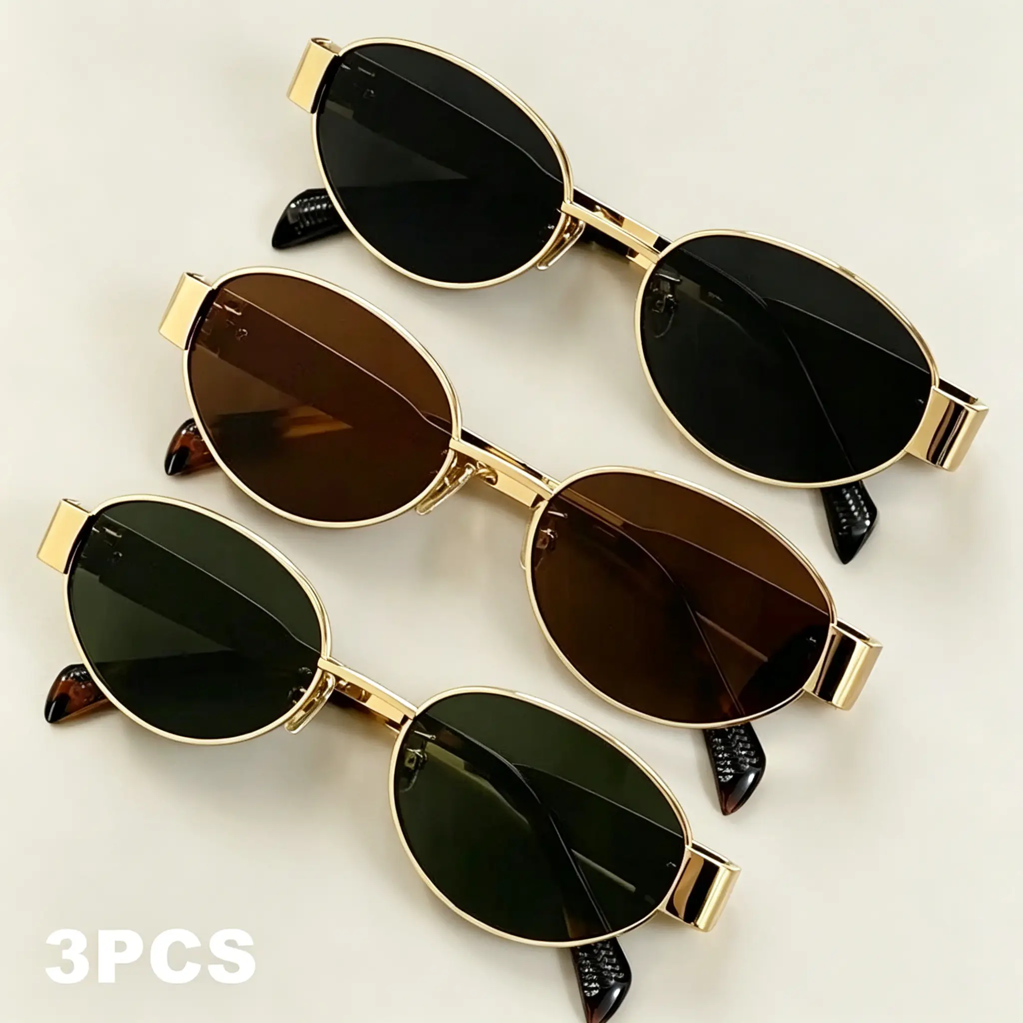 3 Pack Oval Metal Frame Sunglasses for Women Vintage Tinted Lens Fashion Sun Glasses UV400 Protection Eyewear for Beach Travel Holiday Gift