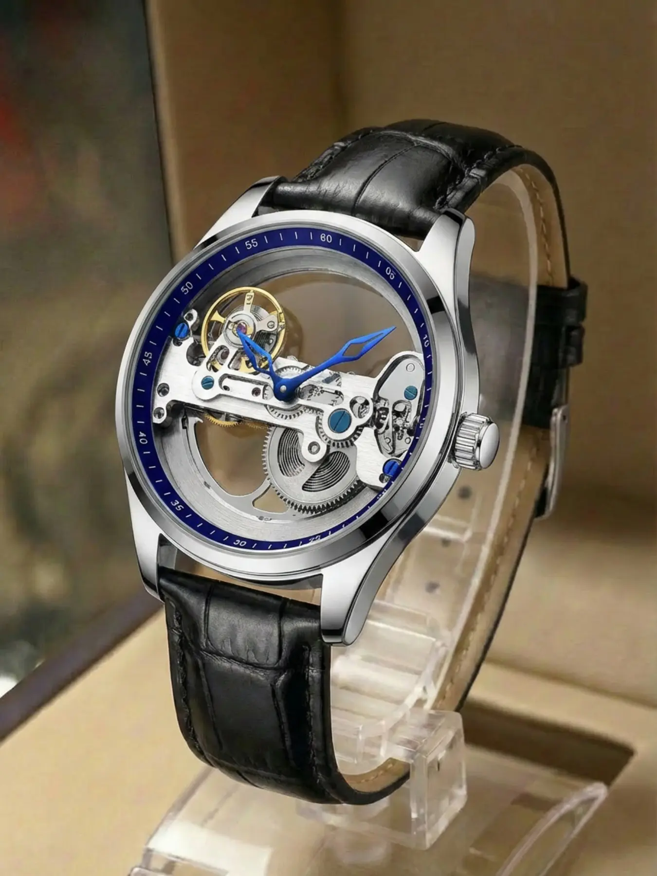 A men's double transparent hollow design mechanical tourbillon fully automatic wristwatch Analog Mechanical Watches Skeleton Watches