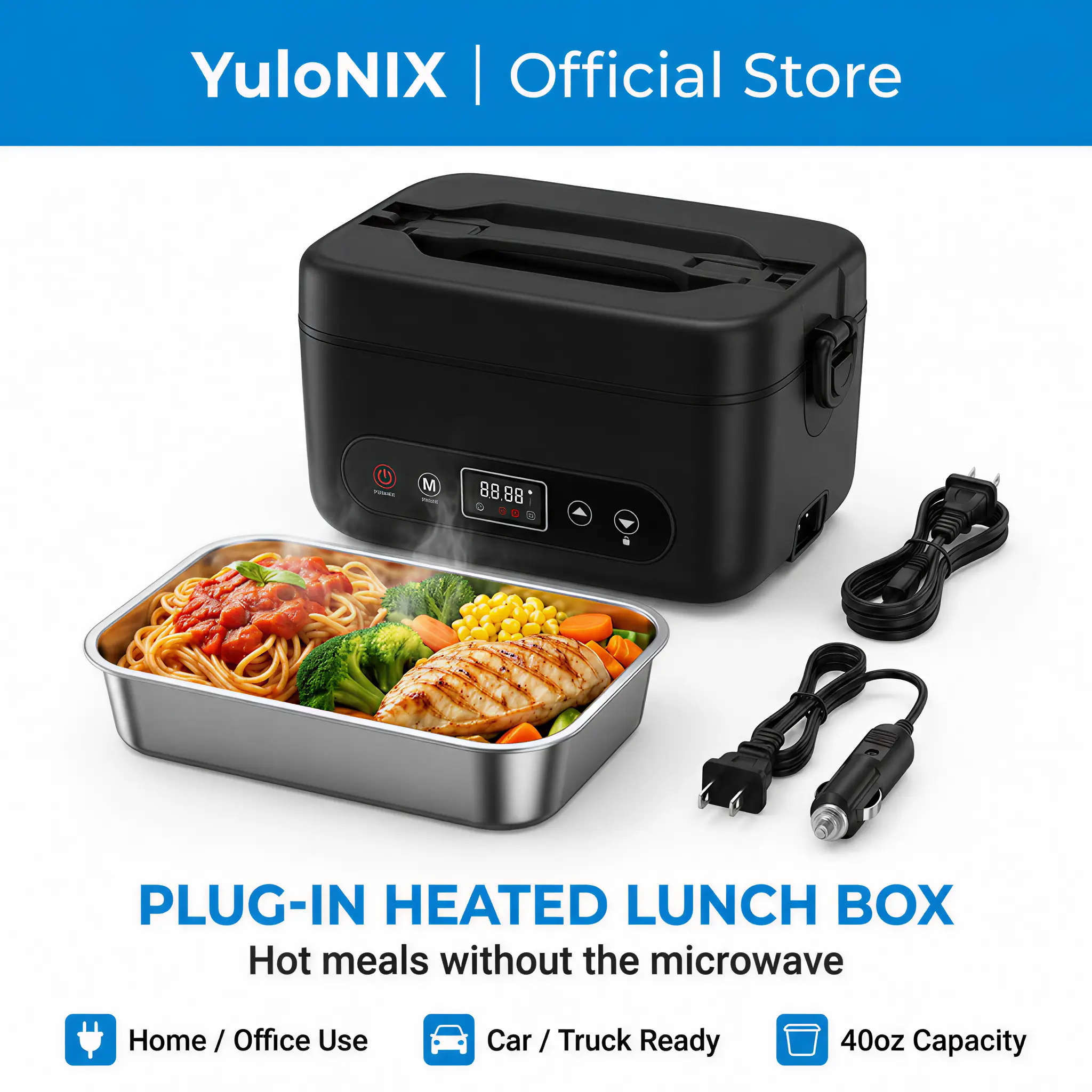 YuloNIX Electric Lunch Box Food Heater for Adults, Heated Lunch Box 12V/24V/110V Portable Food Warmer for Car/Truck/Office, Stainless Steel Container with Fork Spoon and Bag