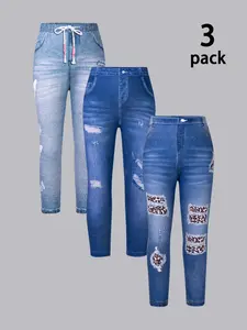3-piece girls' imitation denim leggings for all seasons, children's bottoms with bullet elasticity, Stretch Pants, butterfly leopard print, comfortable fit, versatile outerwear, holiday party costumes, gifts